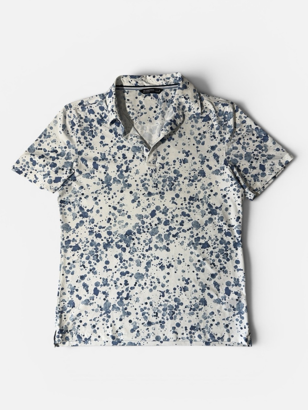7 Diamonds men S Small blue white paint drop hemisphere 4-way stretch polo shirt